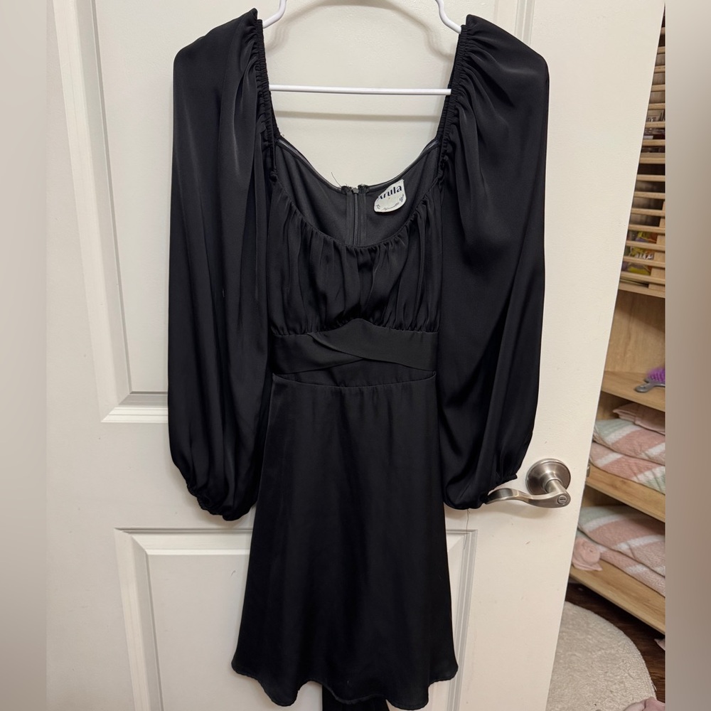 Arula Black Satin Dress with tie back black bow